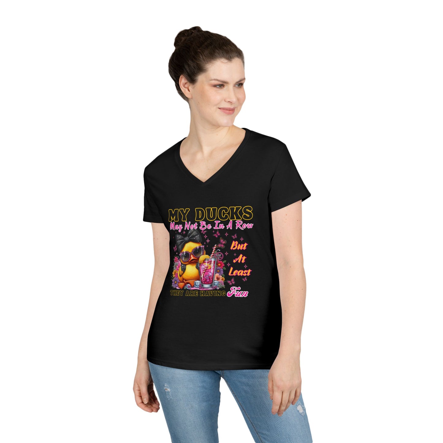 Cute Duck-Themed Ladies' V-Neck T-Shirt,